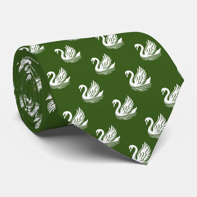 Swan Pattern - Weiß auf Forest Green Krawatte (Gerollt)