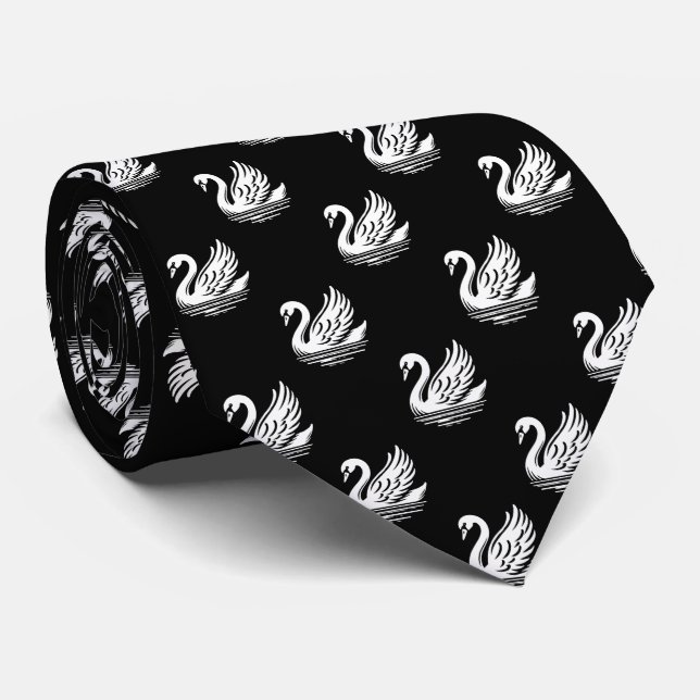 Swan Pattern - Weiß auf Schwarz Krawatte (Gerollt)