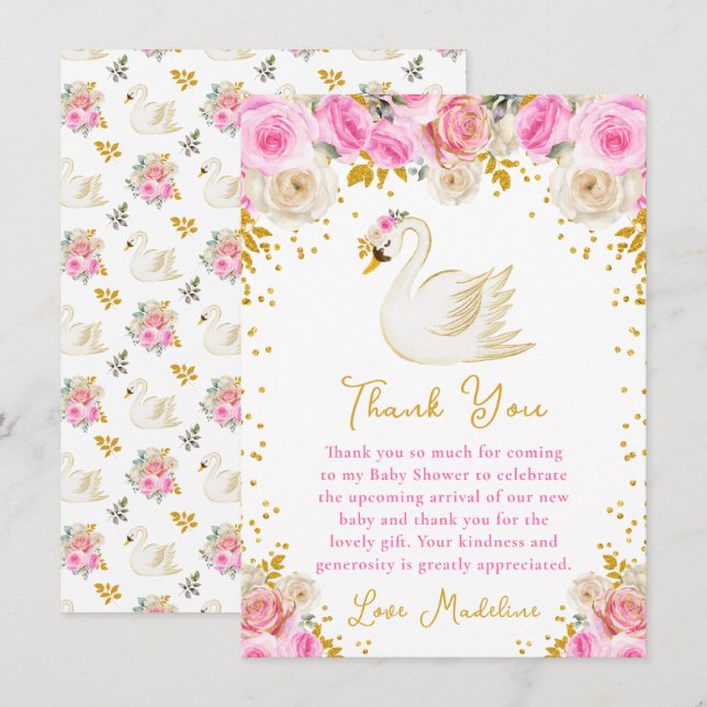Swan Pink and Gold Rose Kinderdusche Dankeskarte (Vorne/Hinten)