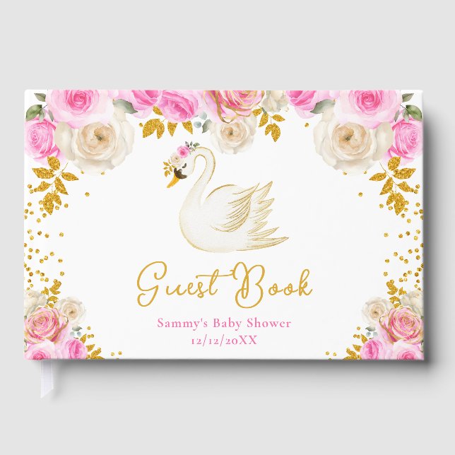 Swan Pink and Gold Rose Kinderdusche Gästebuch (Vorderseite)