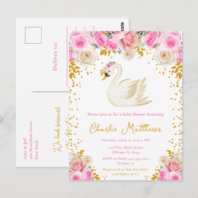 Swan Pink and Gold Rose Kinderdusche Postkarte (Vorne/Hinten)
