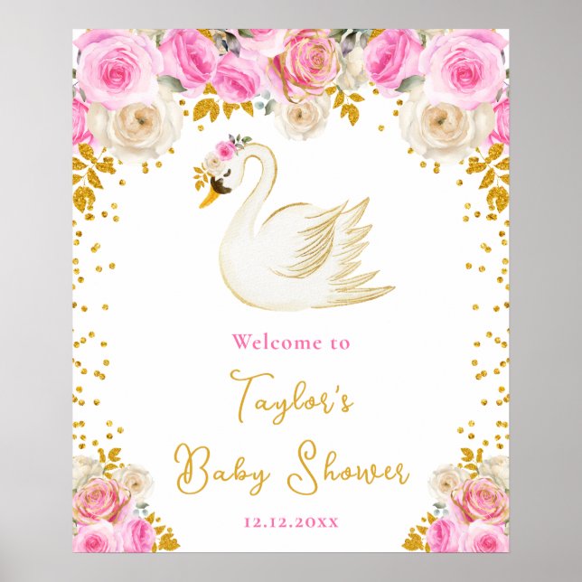 Swan Pink and Gold Rose Kinderdusche Willkommen Poster (Vorne)