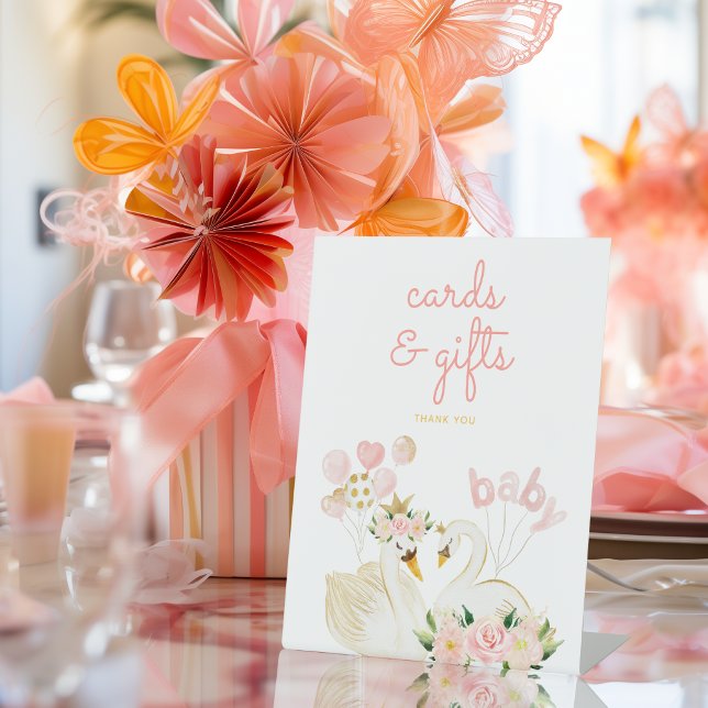 Swan Pink Baby Dusche Geschenke und Karten Sockelschild (cards & gifts sign. Little princess watercolor swan Baby shower)