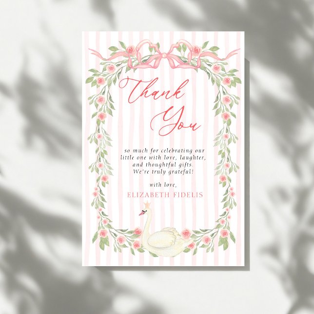 Swan Pink Bow Floral Roses Baby Shower Dankeskarte (Von Creator hochgeladen)