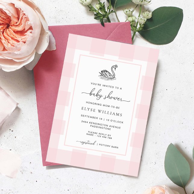 Swan Pink Gingham Baby Shower Einladung (Swan Baby Shower Invitation Pink Gingham)