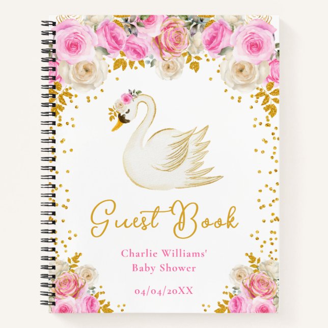 Swan Pink Gold Rose Baby Showroom Gästebuch Notizbuch (Vorderseite)