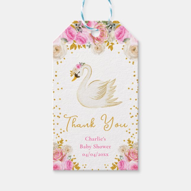 Swan Pink Gold Rose Kinderdusche Vielen Dank Geschenkanhänger (Vorderseite)
