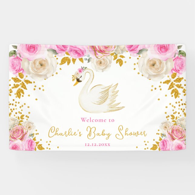 Swan Pink Gold Rose Kinderdusche Willkommen Banner (Horizontal)