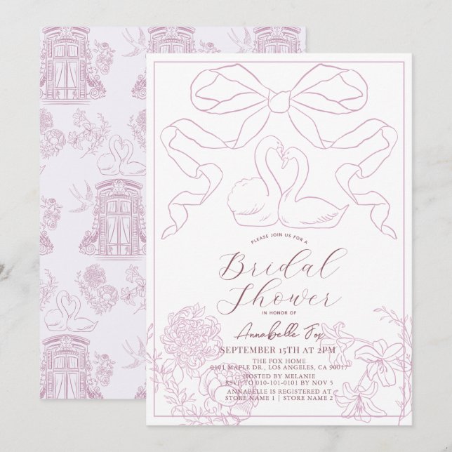 Swan Pink Toile de Jouy Brautparty Einladung (Vorne/Hinten)