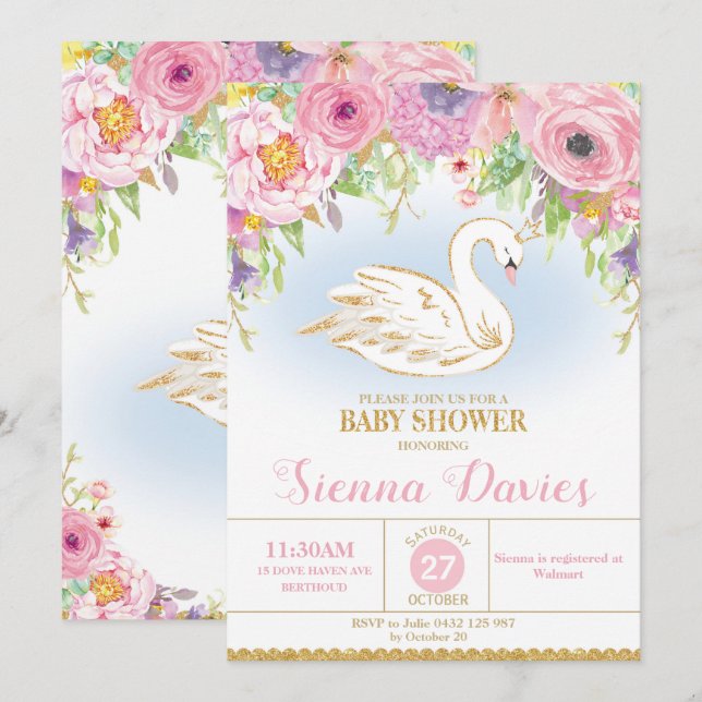 Swan Princess Baby Shower Einladung Bloral Girl (Vorne/Hinten)