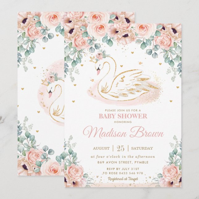 Swan Princess Blush Pink Floral Gold Baby Dusche Einladung (Vorne/Hinten)