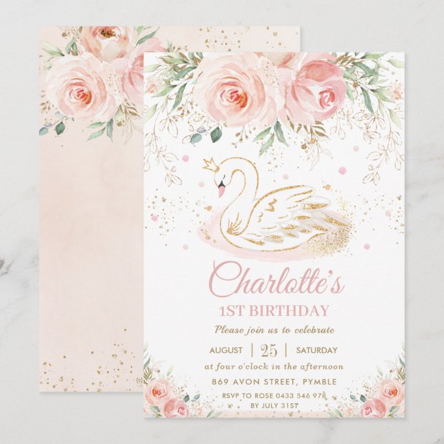 Swan Princess Blush Pink Floral Gold Girl Geburtst Einladung (Vorne/Hinten)