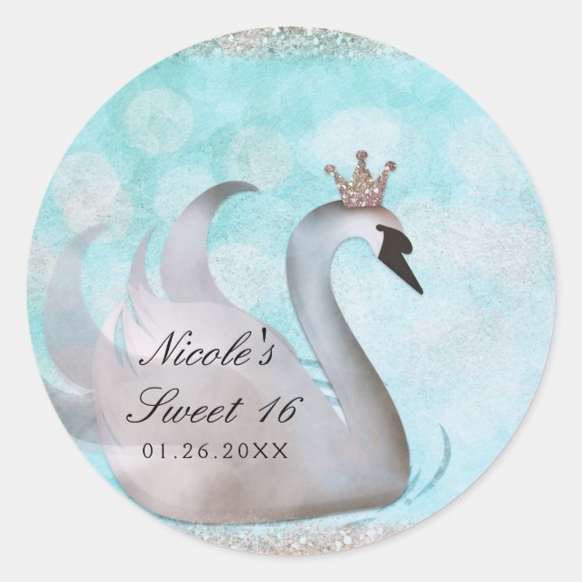 Swan Princess Glitzer Birthday Party Custom Bevorz Runder Aufkleber (Vorderseite)