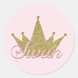 Swan Princess Gold Glitzer Crown Geburtstagsparty Runder Aufkleber