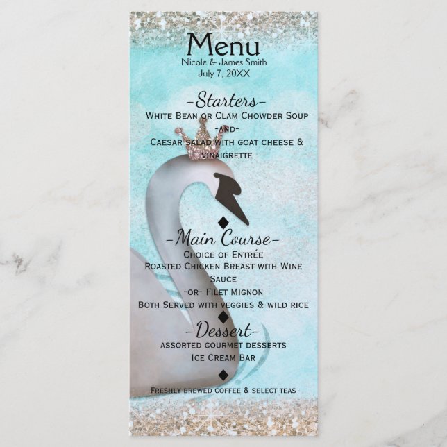 Swan Princess Gold Glitzer Mairy Tale Party Menü Menükarte (Vorderseite)