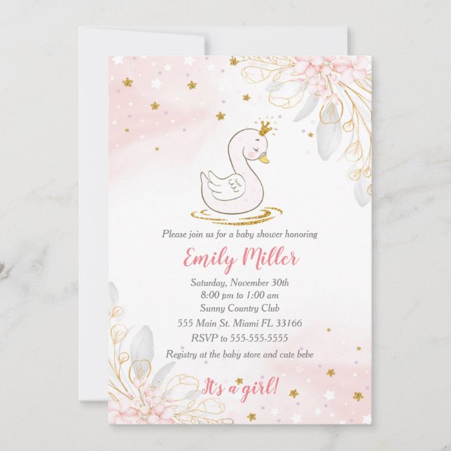 Swan Princess Gold Rosa Baby Dusche Einladung (Vorderseite)