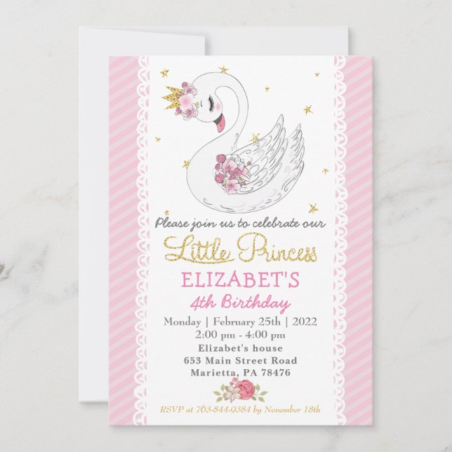 Swan Princess Invitation de fête d'anniversaire (Devant)