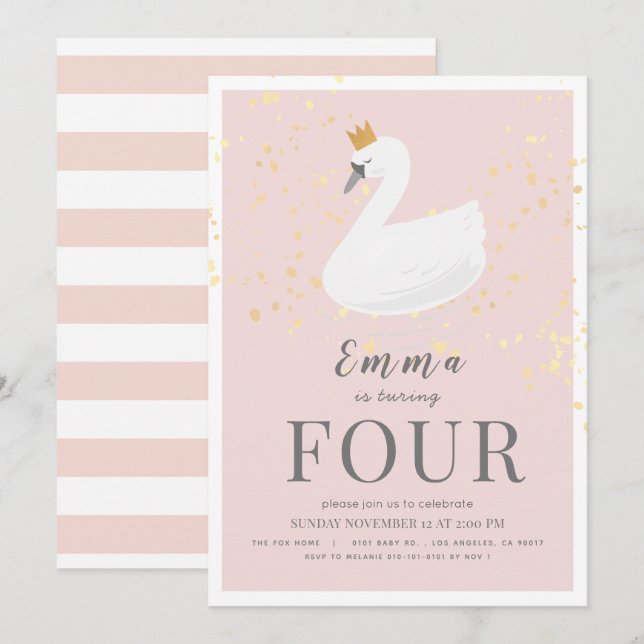 Swan Princess Pink Girl Birthday Einladung (Vorne/Hinten)