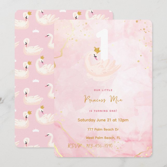 Swan Princess Pink & Gold Wasserfarbe 1. Geburtsta Einladung (Vorne/Hinten)