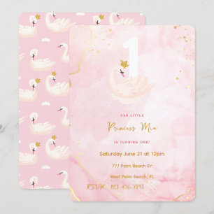 Swan Princess Pink & Gold Wasserfarbe 1. Geburtsta Einladung
