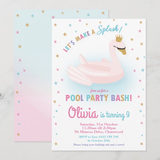 Swan Princess Pool Party Birthday Girl Floatie Einladung (Vorne/Hinten)