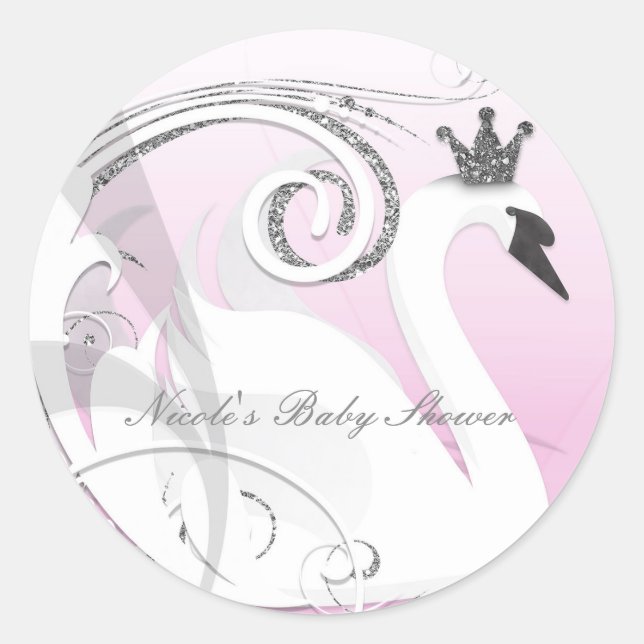 Swan Princess Silver White Pink Baby Dusche Gefall Runder Aufkleber (Vorderseite)