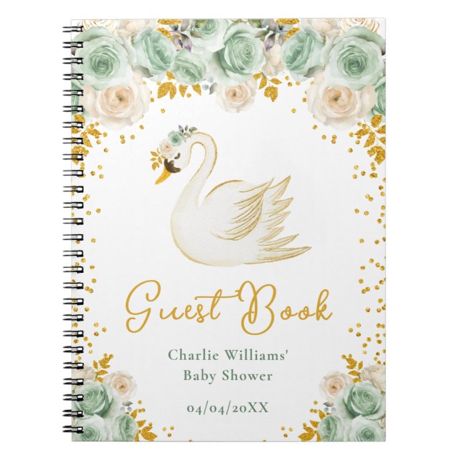 Swan Sage Green Gold Rose Babydusche Gästebuch Notizblock (Vorderseite)