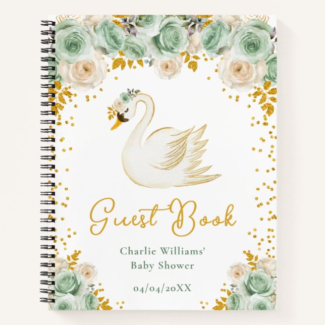 Swan Sage Green Gold Rose Babydusche Gästebuch Notizbuch (Vorderseite)