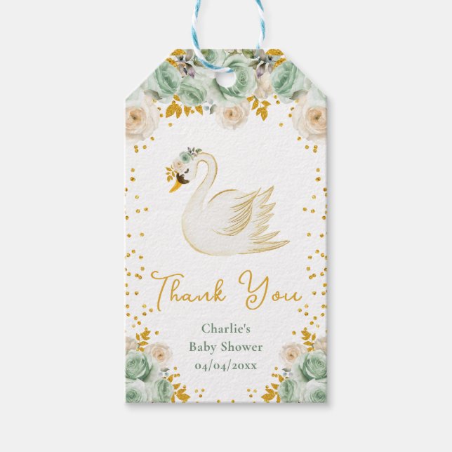 Swan Sage Green Gold Rose Kinderdusche Vielen Dank Geschenkanhänger (Vorderseite)