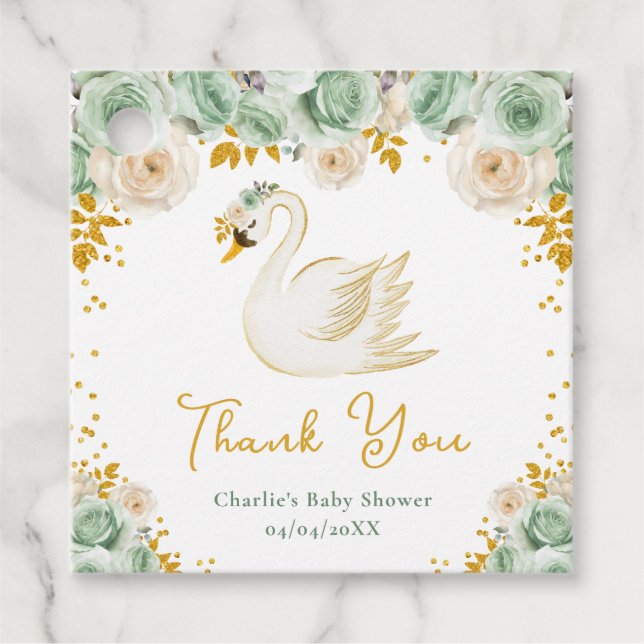 Swan Sage Green Gold Rose Kinderdusche Vielen Dank Geschenkanhänger (Vorderseite)