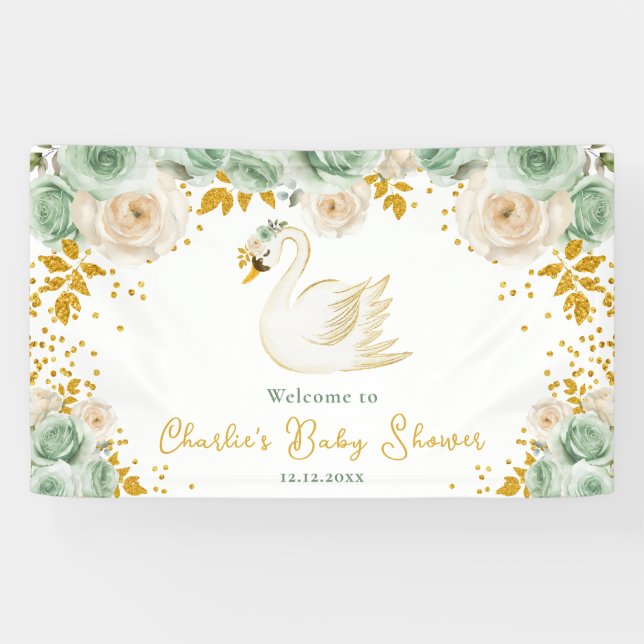 Swan Sage Green Gold Rose Kinderdusche Willkommen Banner (Horizontal)