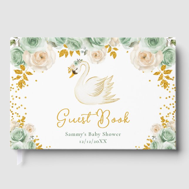 Swan Sage Green und Gold Rose Baby Showroom Gästebuch (Vorderseite)
