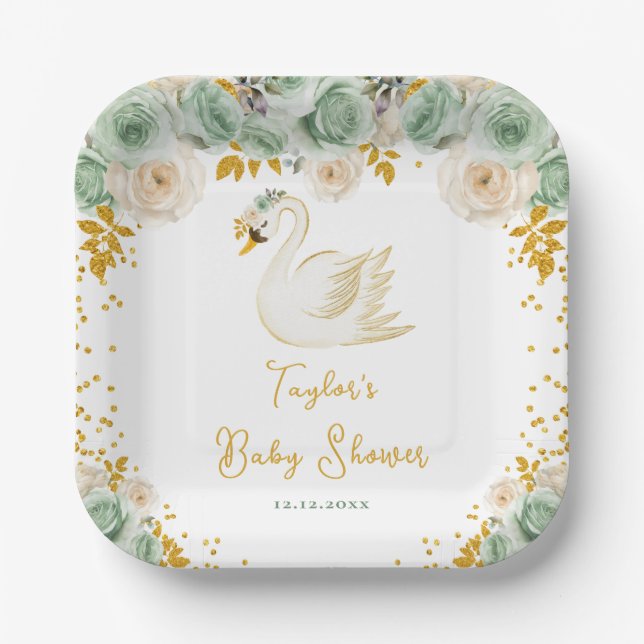 Swan Sage Green und Gold Rose Baby Showroom Pappteller (Vorderseite)