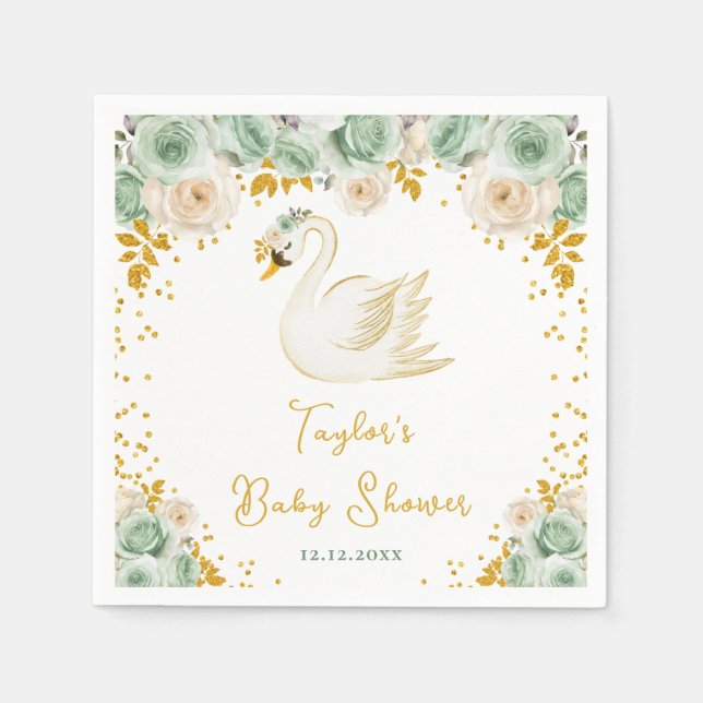 Swan Sage Green und Gold Rose Baby Showroom Serviette (Vorderseite)