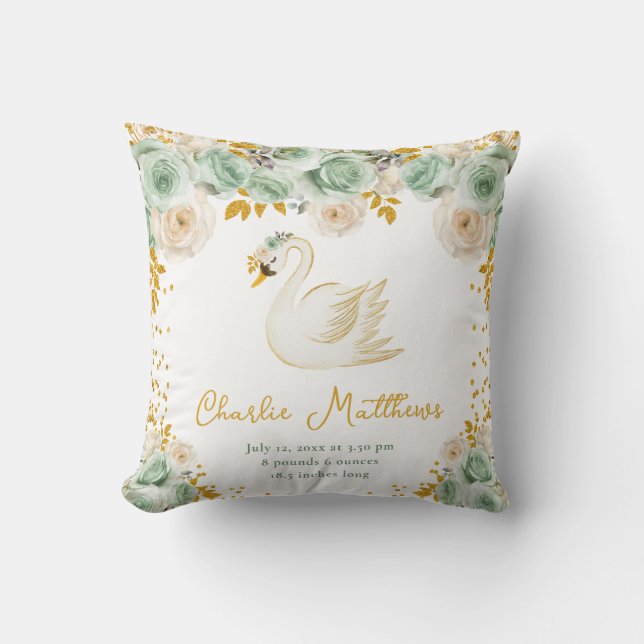 Swan Sage Green und Gold Rose Birnenstatistik Kissen (Vorderseite)