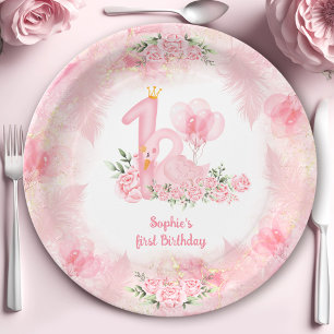 Swan Soft Floral Rose Pink White Girl 1. Geburtsta Pappteller
