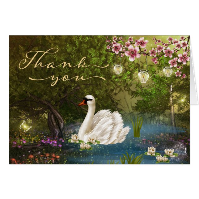 Swan sur étang avec Lanterns Carte de remerciement (Devant Horizontal)