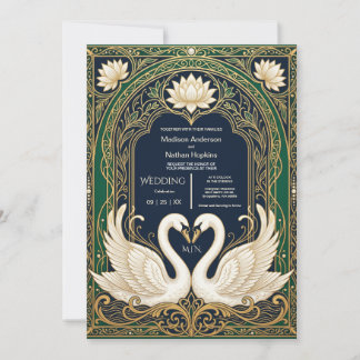 Swan Wedding Invitation Art Nouveau Gold Frame Einladung