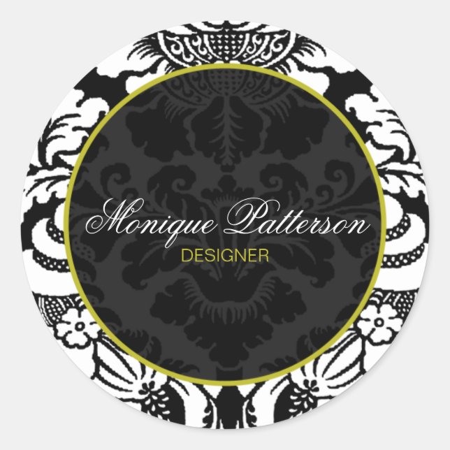 Swanky Sage Black Damask Chic Round Sticker (Vorderseite)