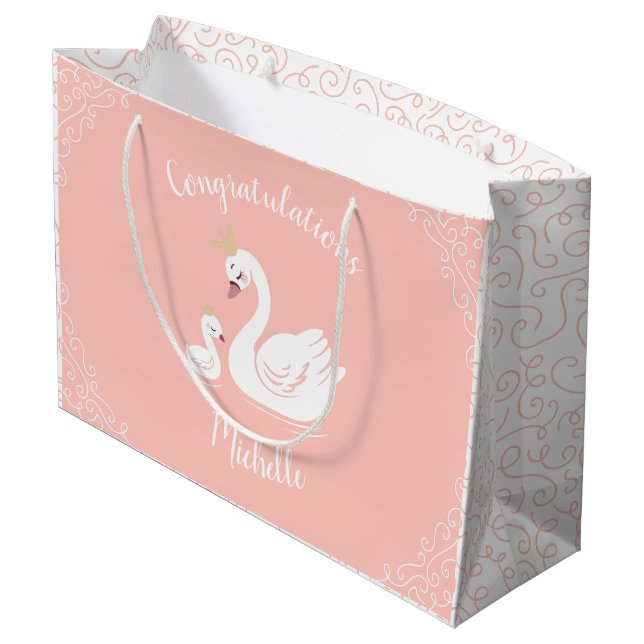 Swans Baby Showbird mit Crown Theme Peach Große Geschenktüte (Rückseite Schrägansicht)