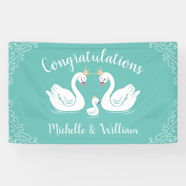 Swans Baby Shower Bird mit Crown Co-Ed Aquamarin Banner (Horizontal)