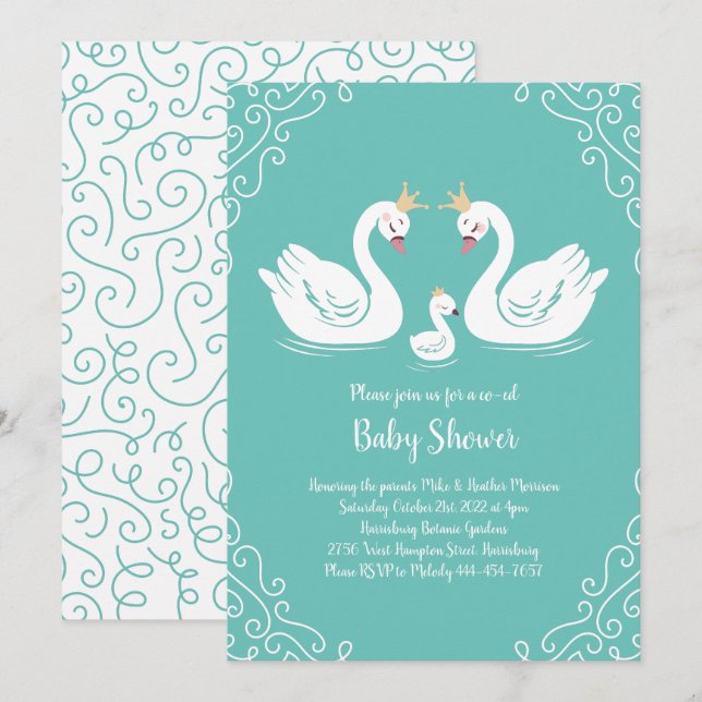 Swans Baby Shower Bird mit Crown Co-Ed Aquamarin Einladung (Vorne/Hinten)