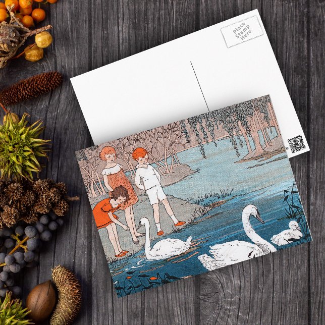 Swans Children Vintag Lake Scene Postkarte (Children at blue lake feeding pretty white swans on postcard.)