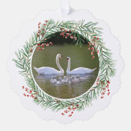 Swans in Pine & Holly Wreath Paper Ornament Card