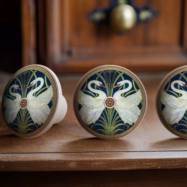 Swans Walter Crane Gold Blue Art Nouveau Keramikknauf (Von Creator hochgeladen)