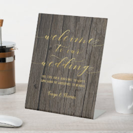 Swash Schriftart Calligrafy Wood & Gold Begrüßung Sockelschild