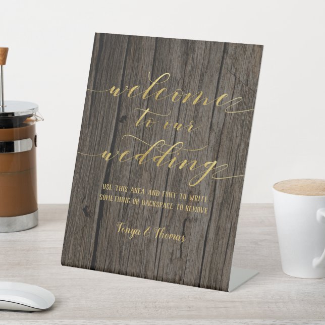 Swash Schriftart Calligrafy Wood & Gold Begrüßung Sockelschild (In SItu)