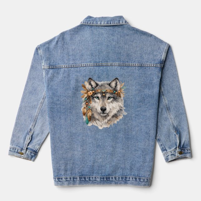 Sweat à capuche zippé brodé portrait Loup Boho (Verso)