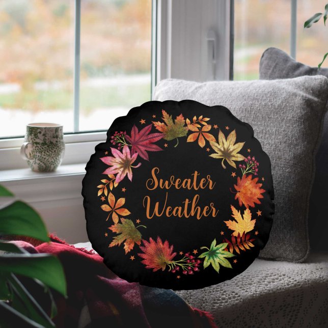 Sweather Weather Herbst Herbstlaub Wreath Rundes Kissen (Sweather Weather Autumn Fall Leaves Wreath Round Pillow)