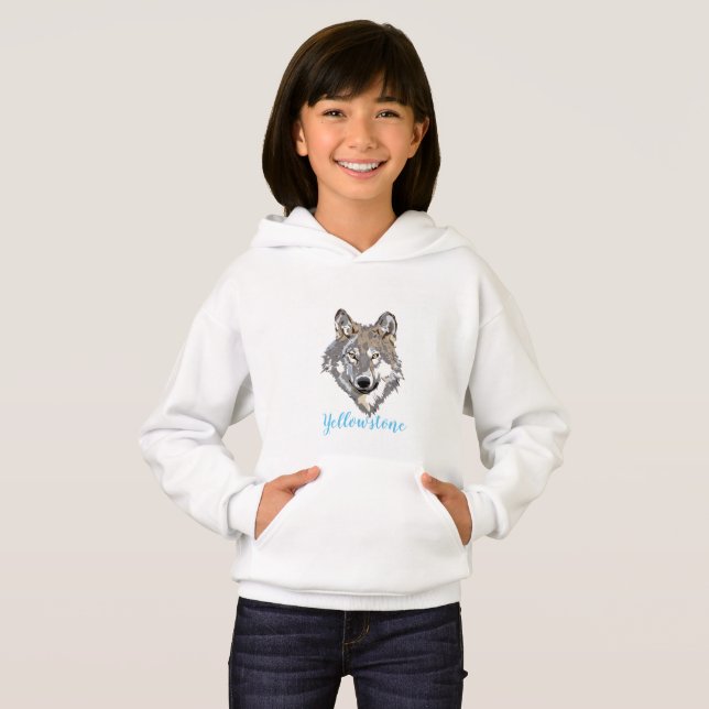Sweatshirt à capuchon de la fille Loup de Yellowst (Devant entier)